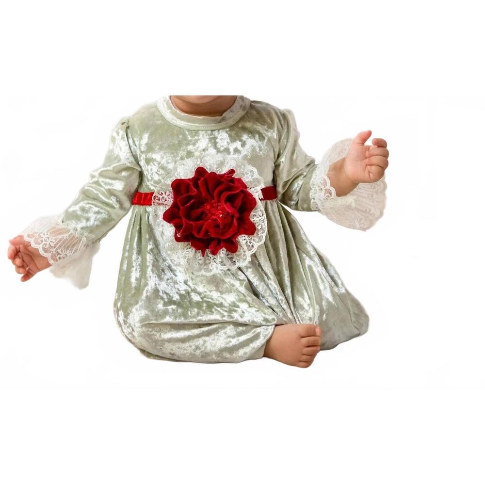 NEW HAUTE BABY baby girls evelyn velvet holiday romper in sage green